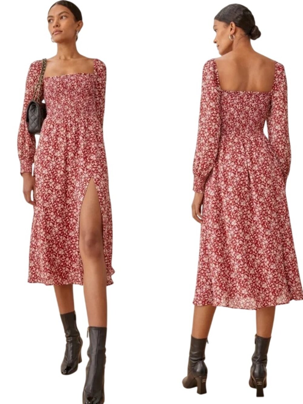 Reformation Cello Midi Dress XS Ditsy Floral Red White Smocked DR-1905